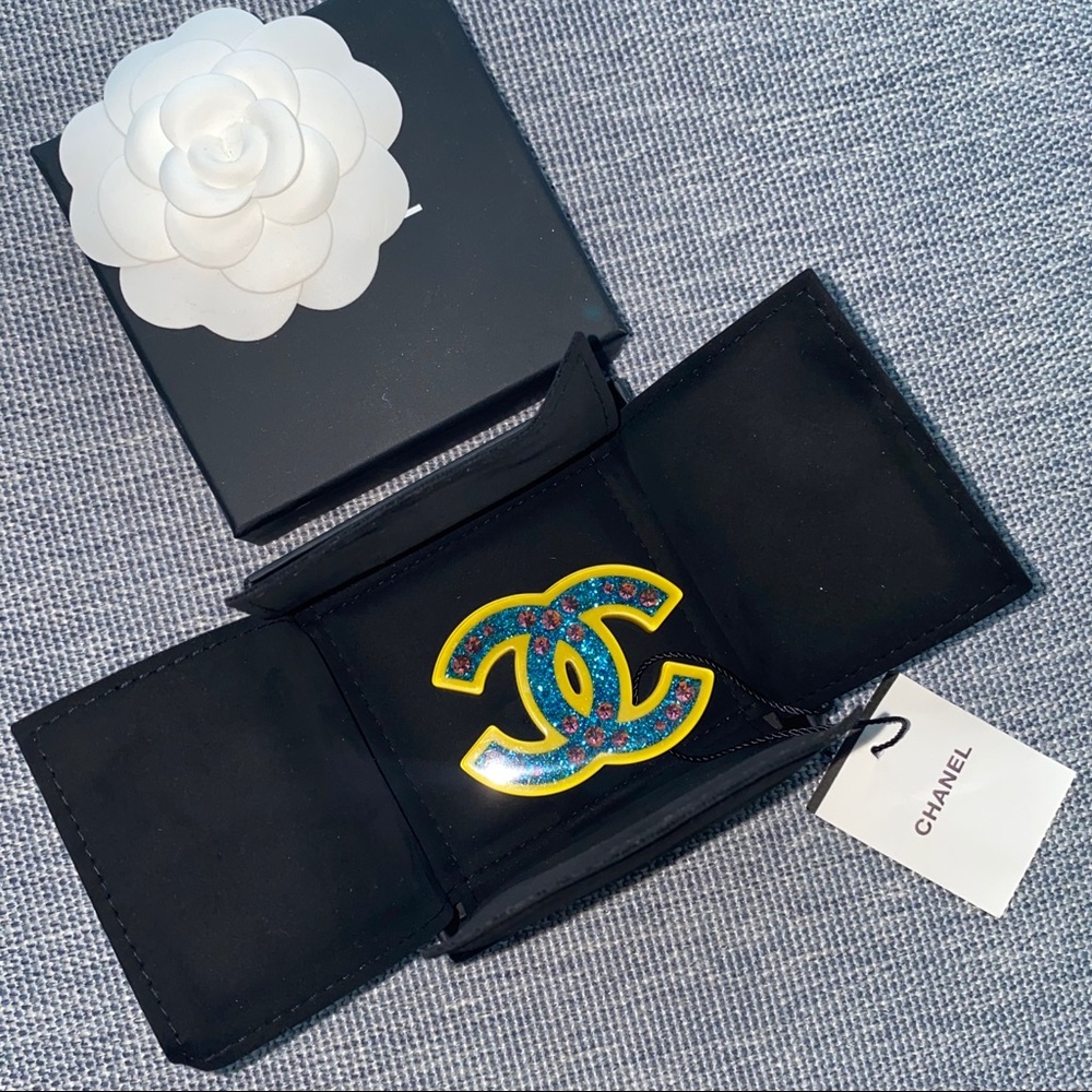 CHANEL Blue, Yellow, & Pink Crystal Resin Brooch NWT